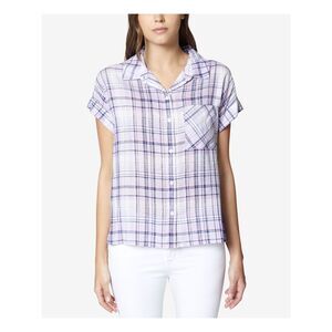 SANCTUARY Womens Purple Plaid Short Sleeve Collared Top XS